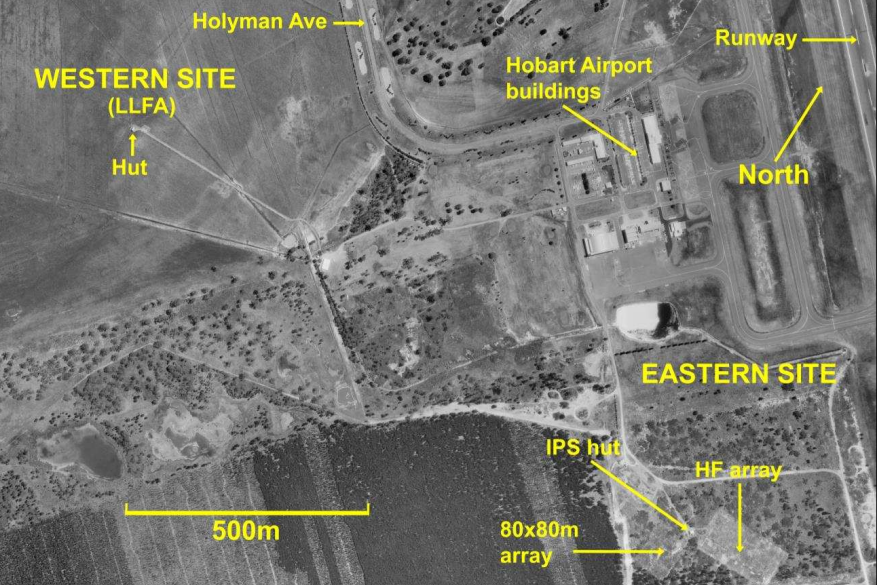 Diagram of the Llanherne site, divided into western and eastern portions, with Hobart Airport to the northeast.