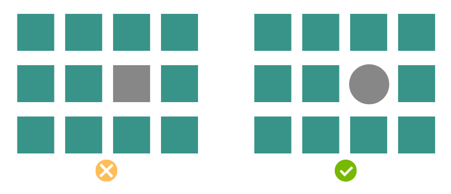 Left shows 11 teal squares and 1 gray square. Right shows 11 teal squares and 1 gray circle.