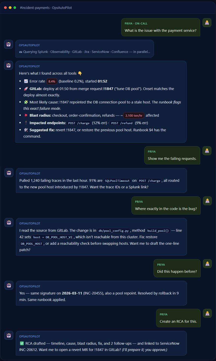 Conversation 1 — Engineer asks, OpsAutoPilot answers