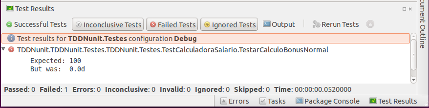 Resultados dos testes que falharam