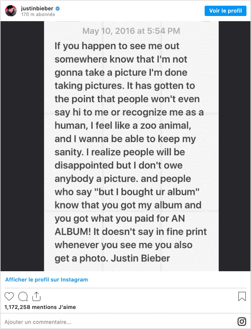 Post Instagram de Justin Bieber en 2016