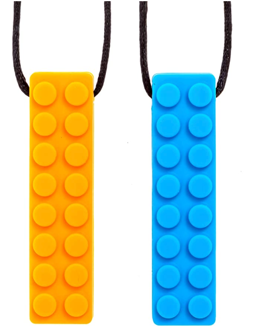 Orange and blue silicone chewable lego piece necklaces.