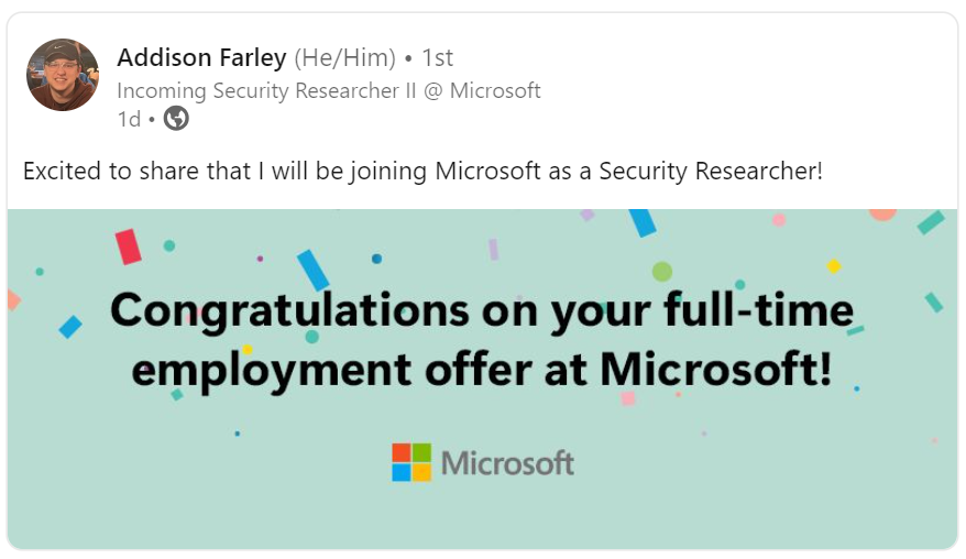 thumbnail for the post titled Alumni Spotlight: Addison Farley joins Microsoft as a security researcher