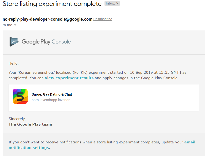 Google Play experiment result email. Which says, eh, nothing.