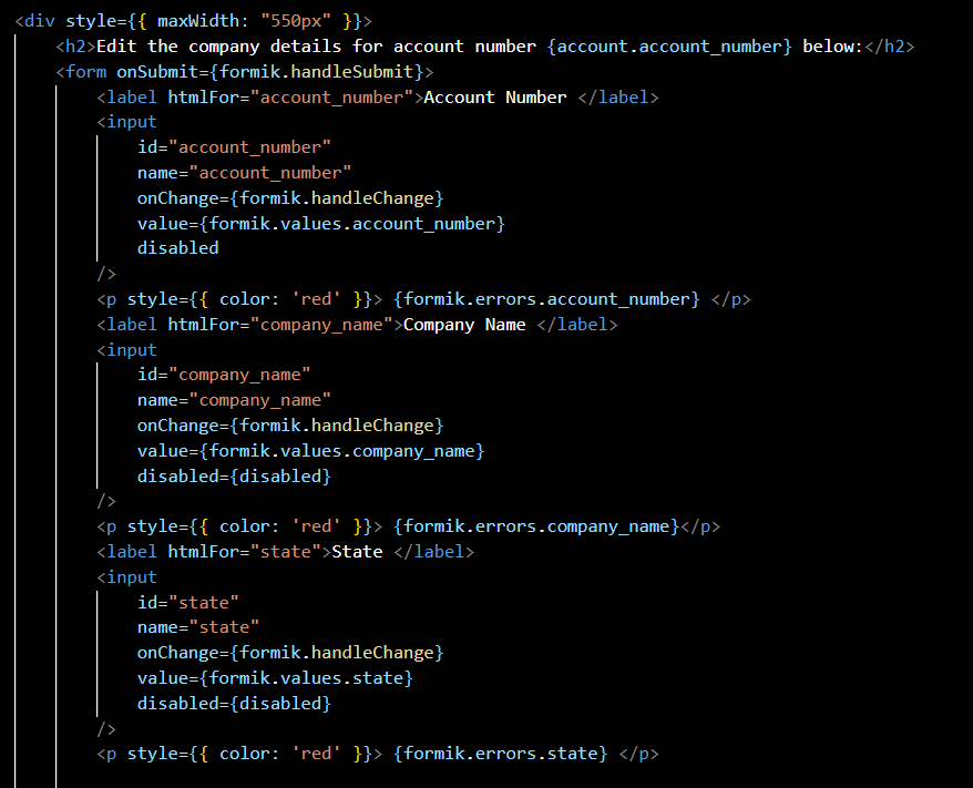 Code block showing basic Formik form inputs