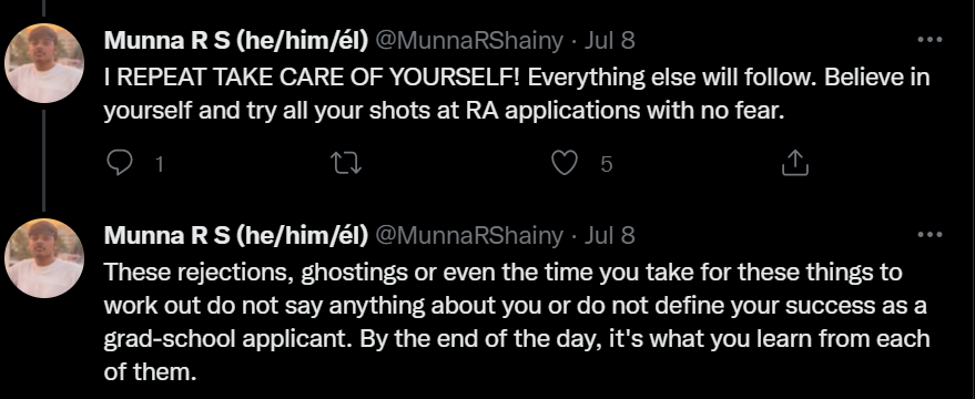 A twitter thread screenshot talking about taking care one’s mental health amidst the RA application process by Munna R S