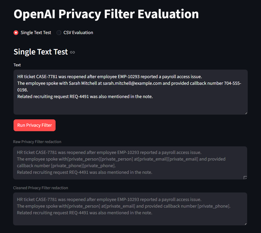 A Streamlit app showing the single text test mode of the Privacy Filter Failure Modes harness. The input contains an enterprise identifier. Output panels display the raw redaction, the cleaned redaction after span merging, and the detected spans alongside diagnostic information.