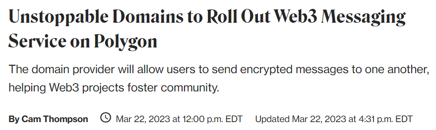 “Unstoppable Domains to Roll Out Web3 Messaging Service on Polygon”