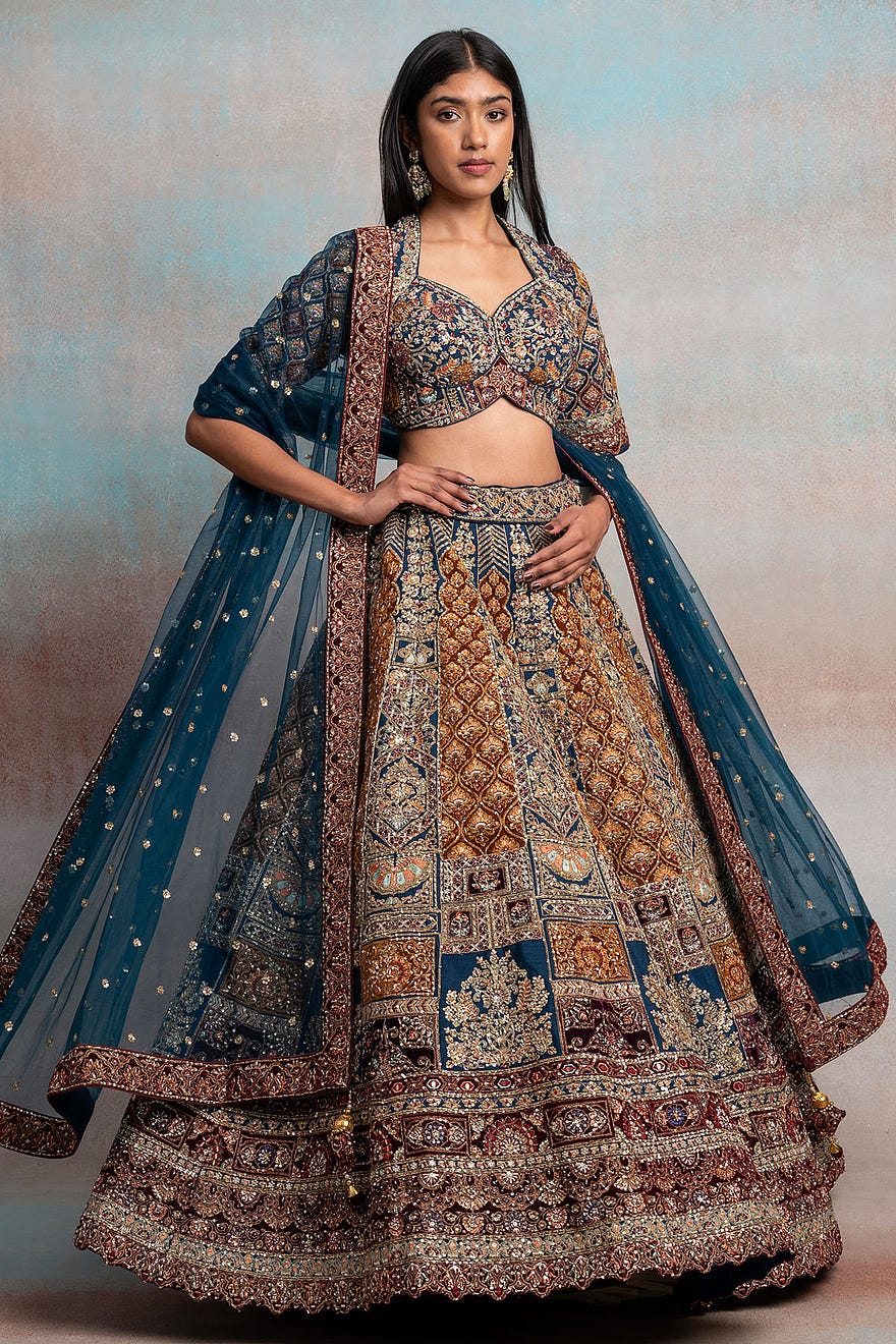 Blue Opal Sequins Embroidered Silk Bridesmaid Lehenga Online at Samyakk