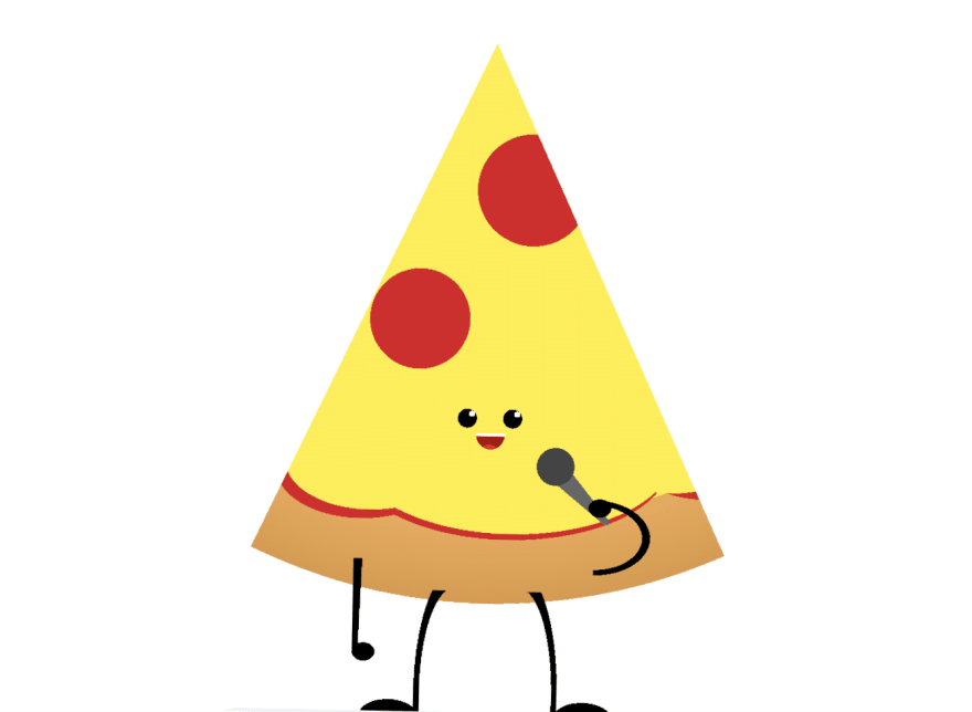 A slice of pizza holding a microphone, singing, and dancing