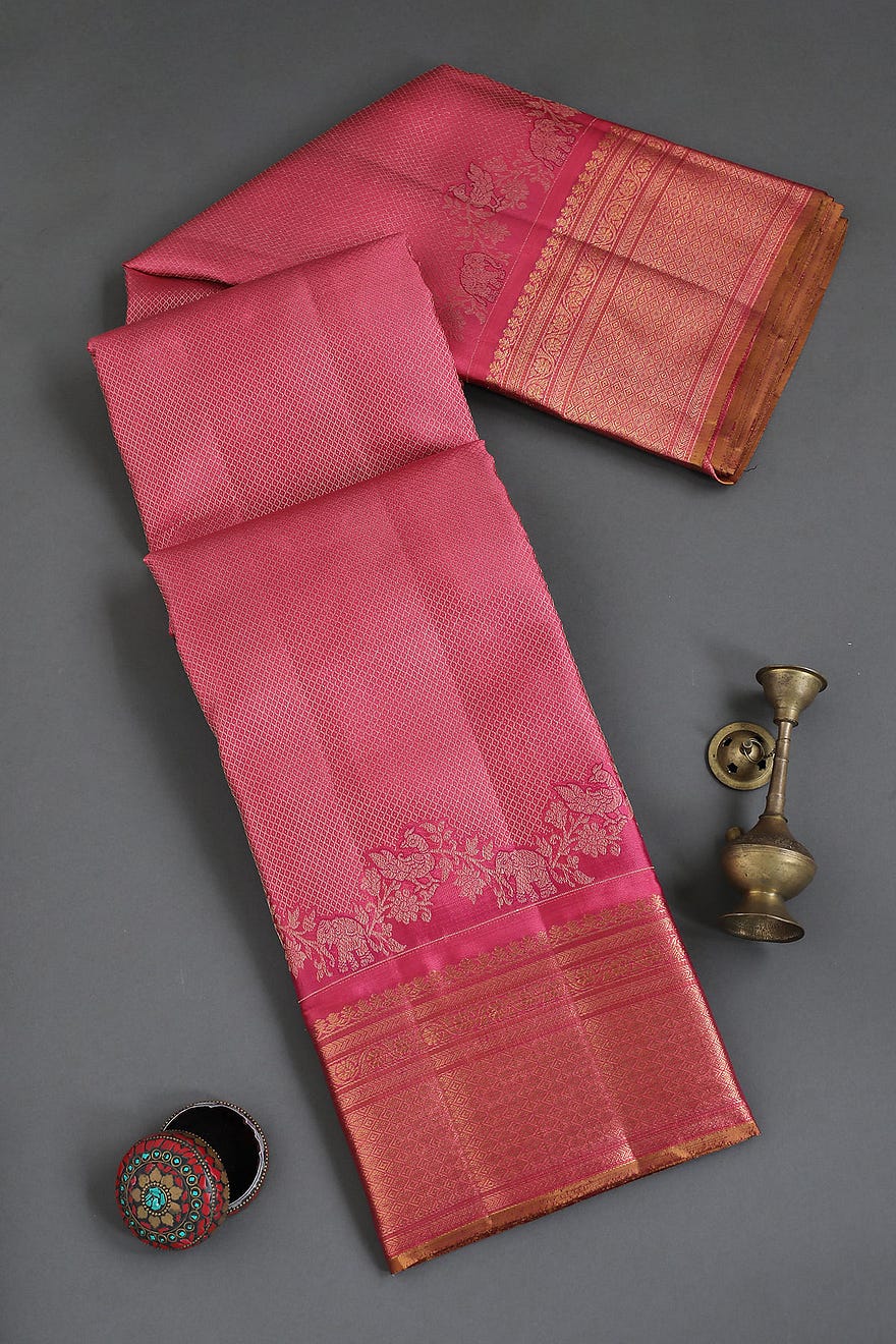 Dark Pink Zari Woven Kanchipuram Silk Saree with Unstitched Blouse Online at Samyakk