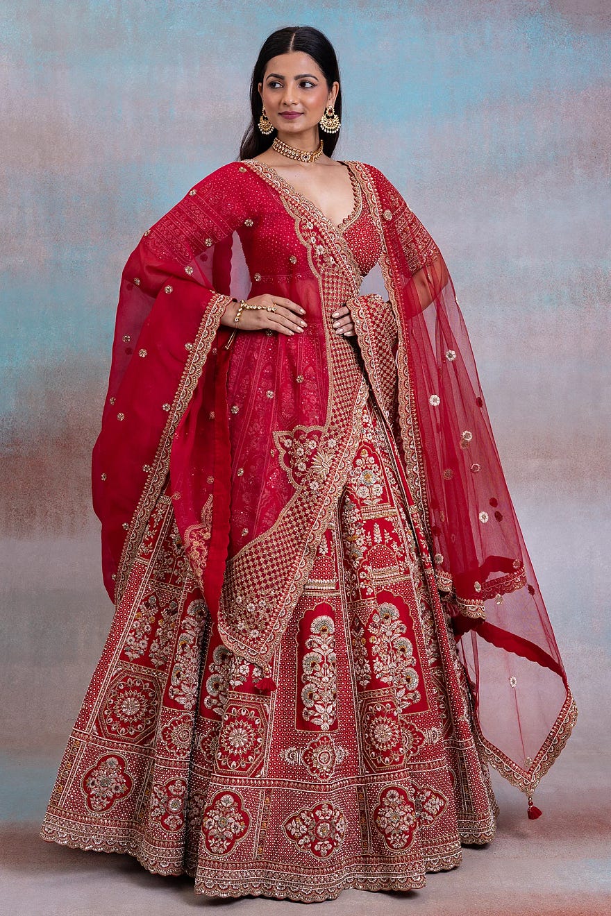 Crimson Red Sequins Embroidered Silk Exclusive Bridal Lehenga With Double Dupatta Online at Samyakk