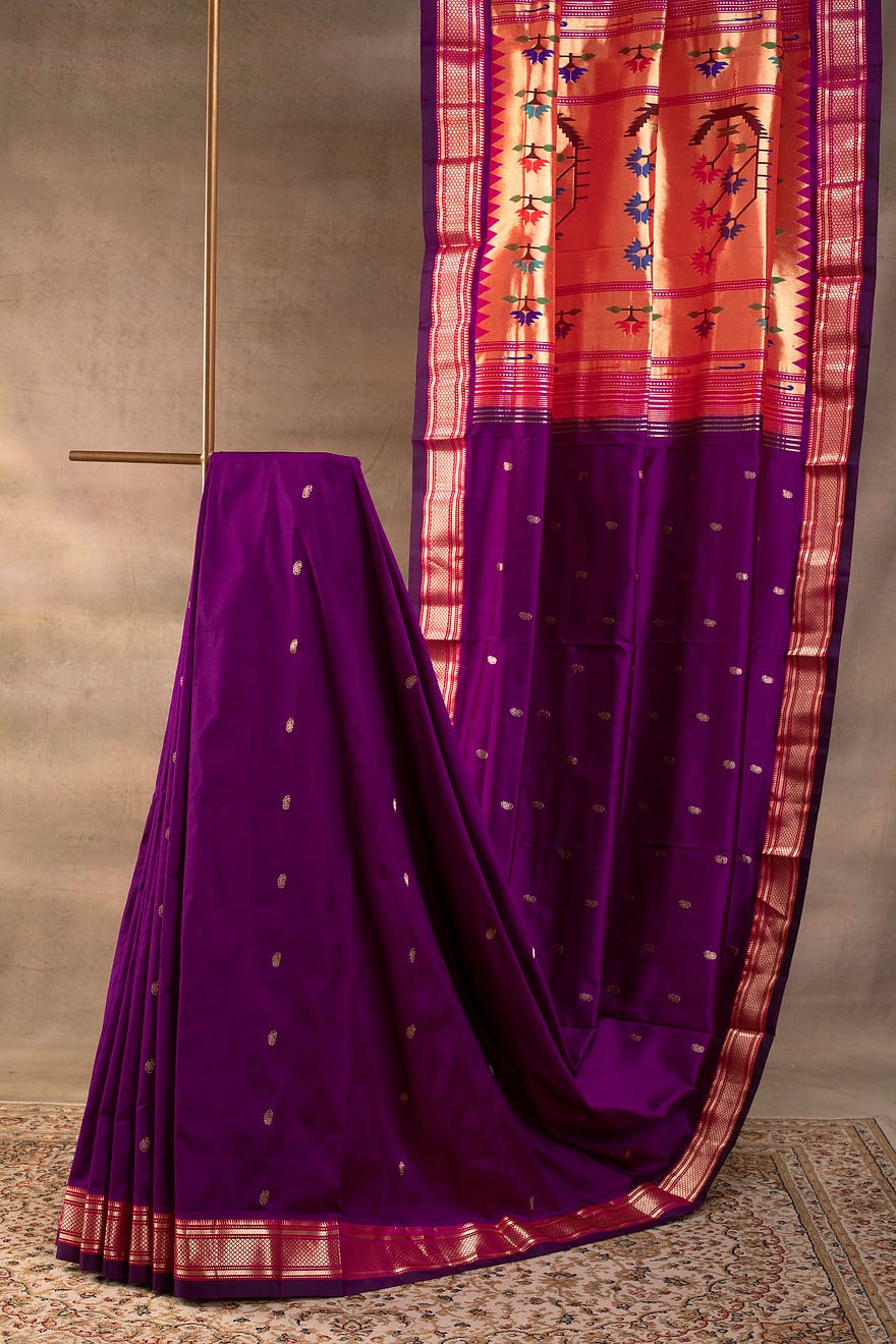 Purple Pure Handloom Paithani Silk Saree With Zari Woven And Unstitched Blouse Online at Samyakk