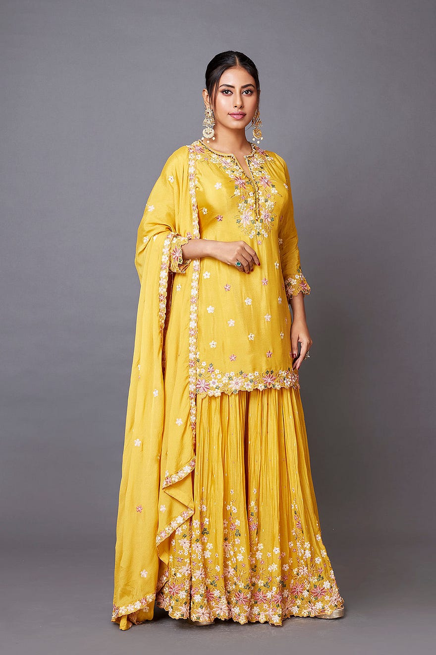 Mustard Yellow Crepe Palazzo Suit With Resham Work And Slit Neck Online at Samyakk