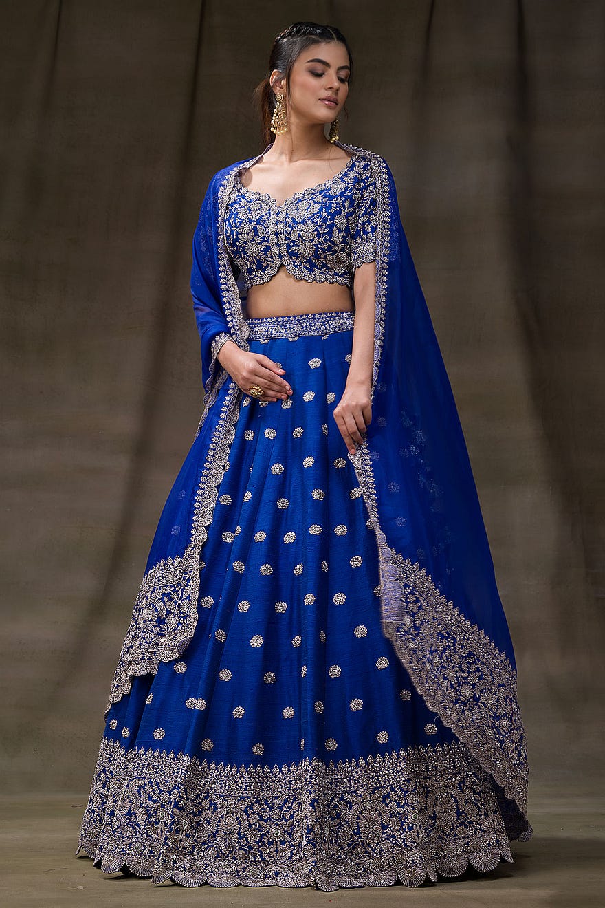 Egyptian Blue Zardosi Embroidered Raw Silk Bridal Lehenga Online at Samyakk