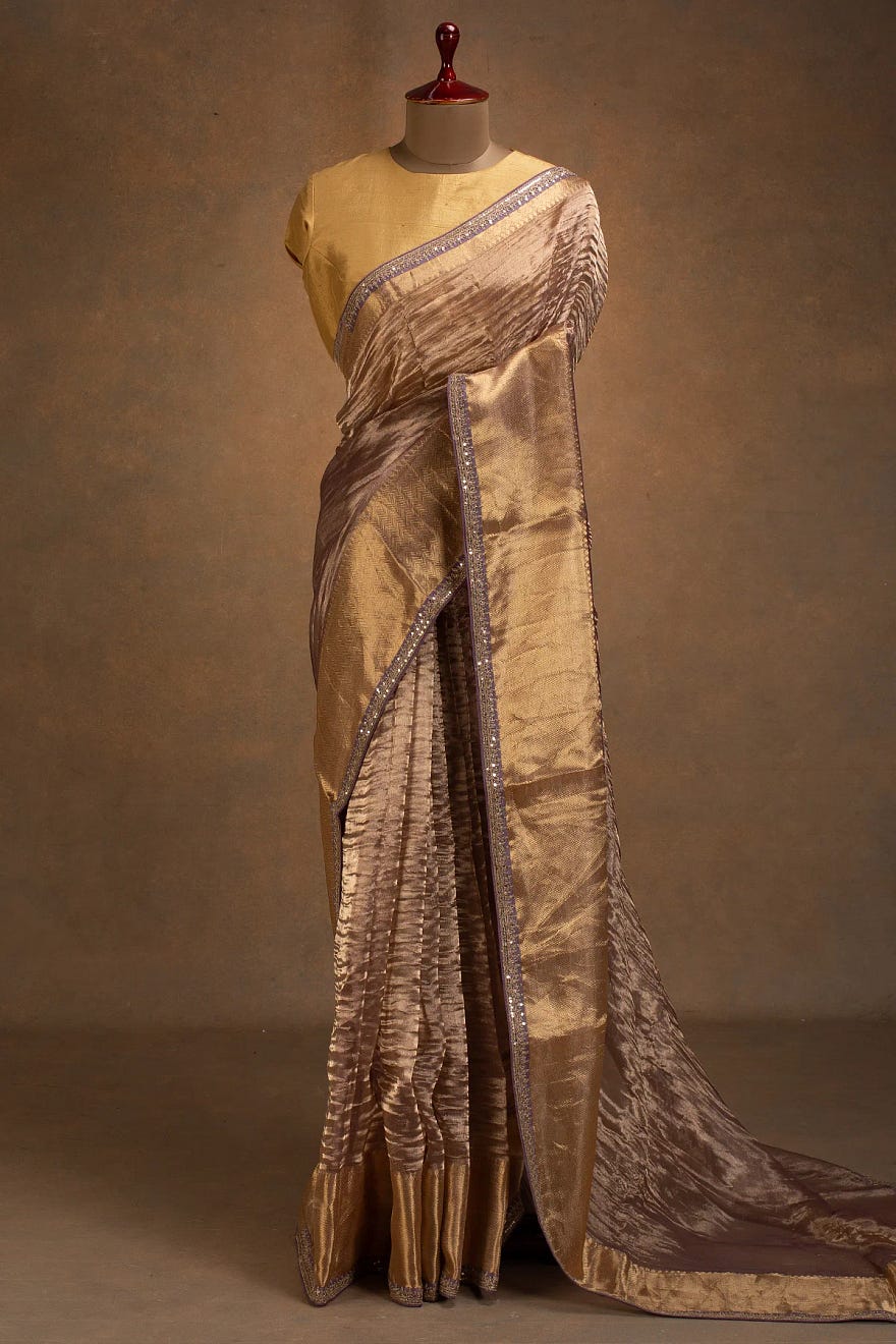 Dusty Lavender Tissue Organza Designer Saree With Sequins Work And Unstitched Blouse Online at Samyakk