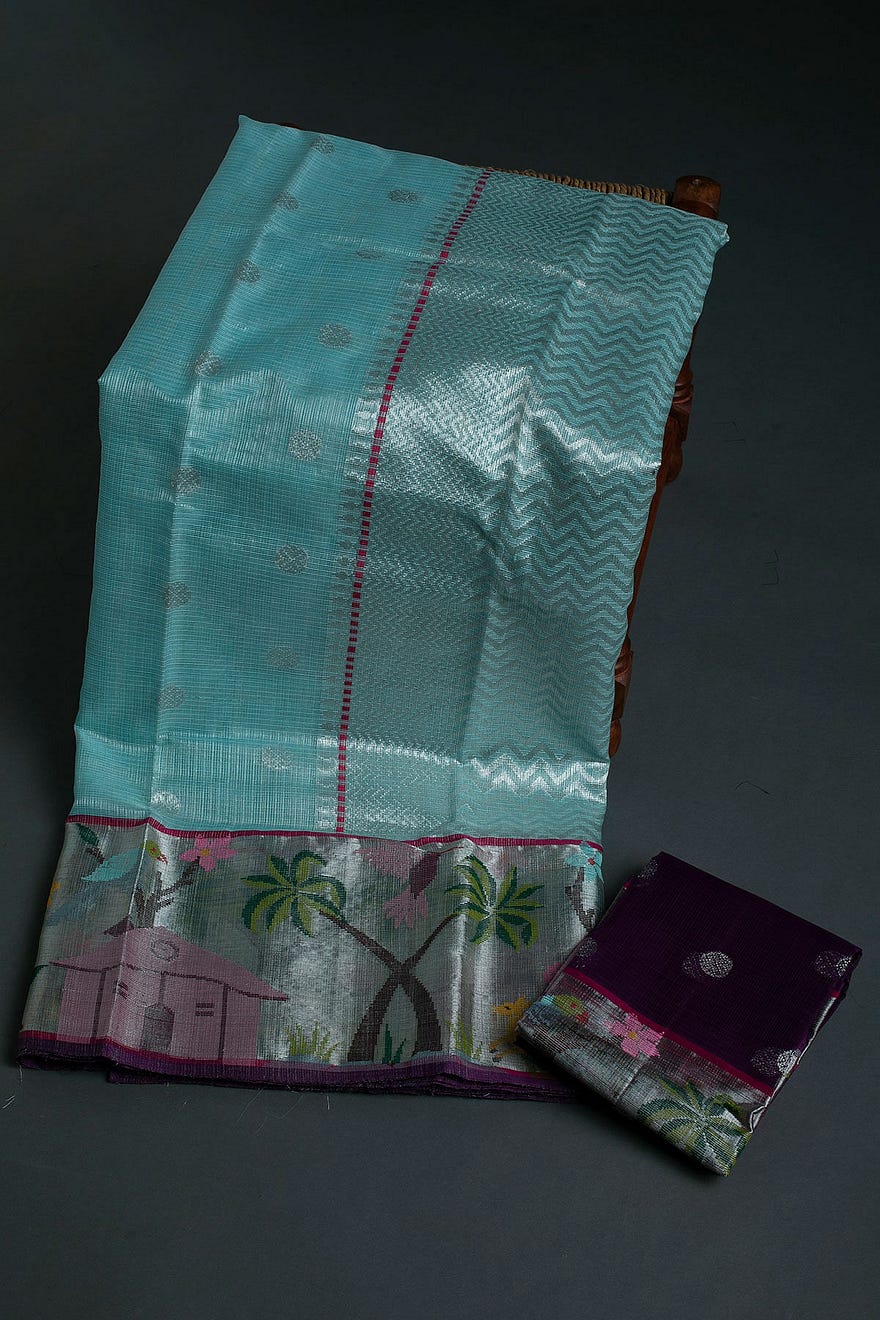 Porcelain Blue Zari Woven Kota Silk Saree Online at Samyakk