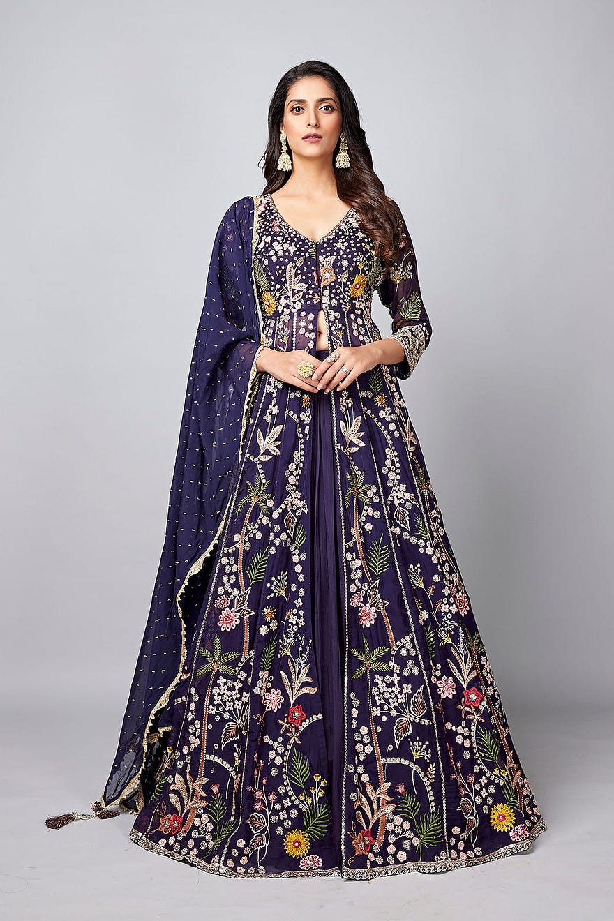 Dark Navy Blue Organza Resham Work Indowestern Lehenga With Heavy Embroidered Jacket Online at Samyakk