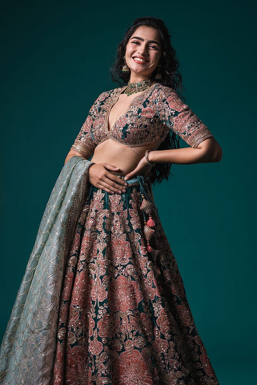 Deep Teal Applique Embroidered Velvet Wedding Lehenga Online at Samyakk