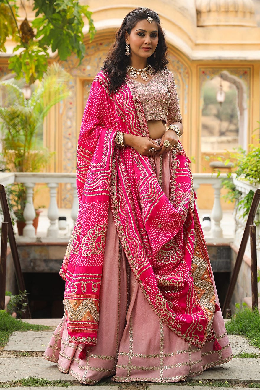 Dusty Pink Gota Embroidered Silk Mehendi Lehenga with Bandhani Printed Dupatta Online at Samyakk