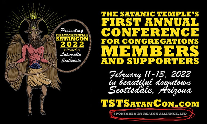 Breastless Baphomet holding a lasso. “The Satanic Temple’s First Annual Conference for Congregations, Members, and Supporters Fe. 11–13, 2022 in beautiful downtown Scottsdale, Arizona”