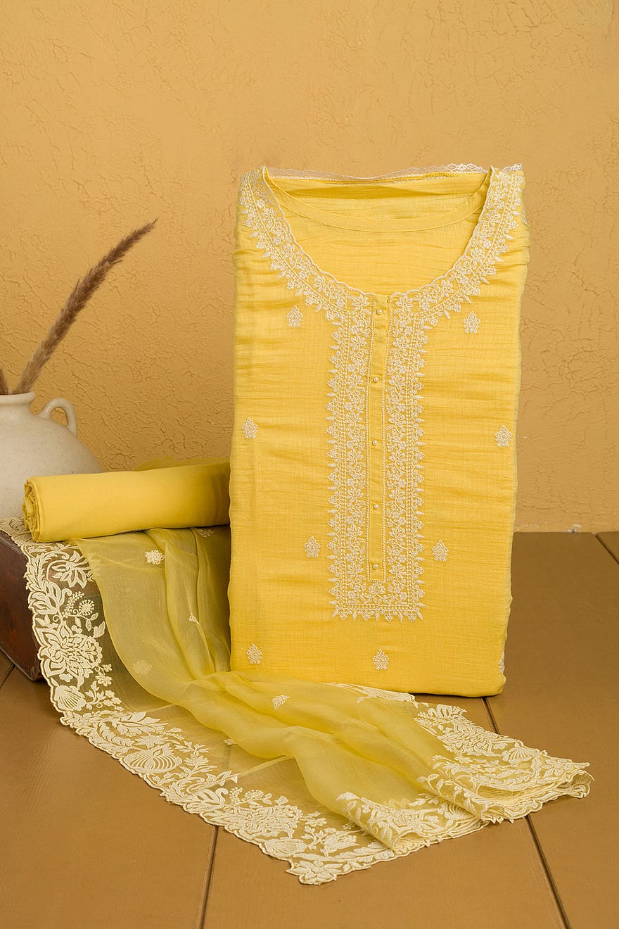 Pastel Yellow Silk Unstitched Salwar Kameez With Thread Work Online at Samyakk