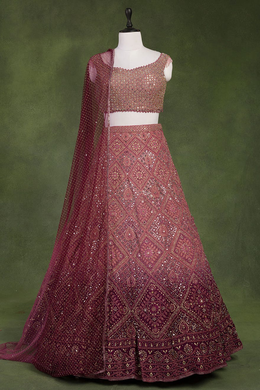 Pink and Maroon Ombre Georgette Sangeet Lehenga with Mirror Work and Leaf Neck Online at Samyakk