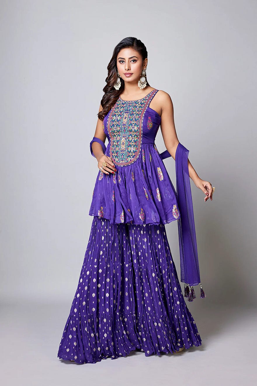 Lavender Silk Sharara Suit With Thread Work And U Neck Online at Samyakk