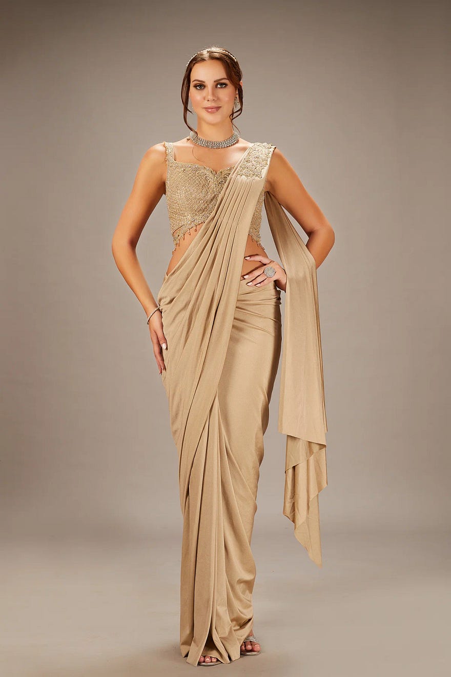 Beige Satin Designer Drape Saree With Stone Work And Ready Blouse Online at Samyakk