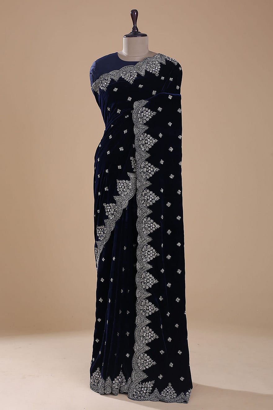 Navy Blue Sequins Embroidered Velvet Saree Online at Samyakk