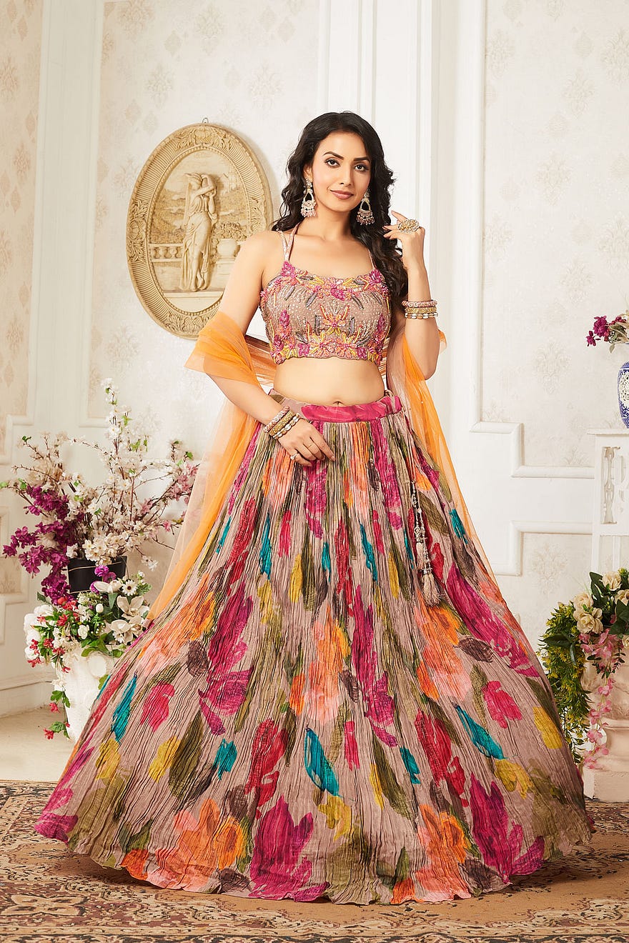 Beige Crepe Floral Printed Designer Lehenga With Crop Top Style Blouse Online at Samyakk