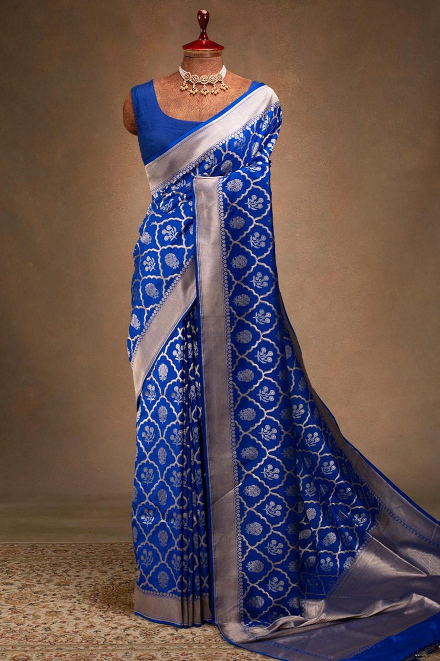 Bright Blue Zari Woven Banarasi Silk Saree With Unstitched Blouse Online at Samyakk