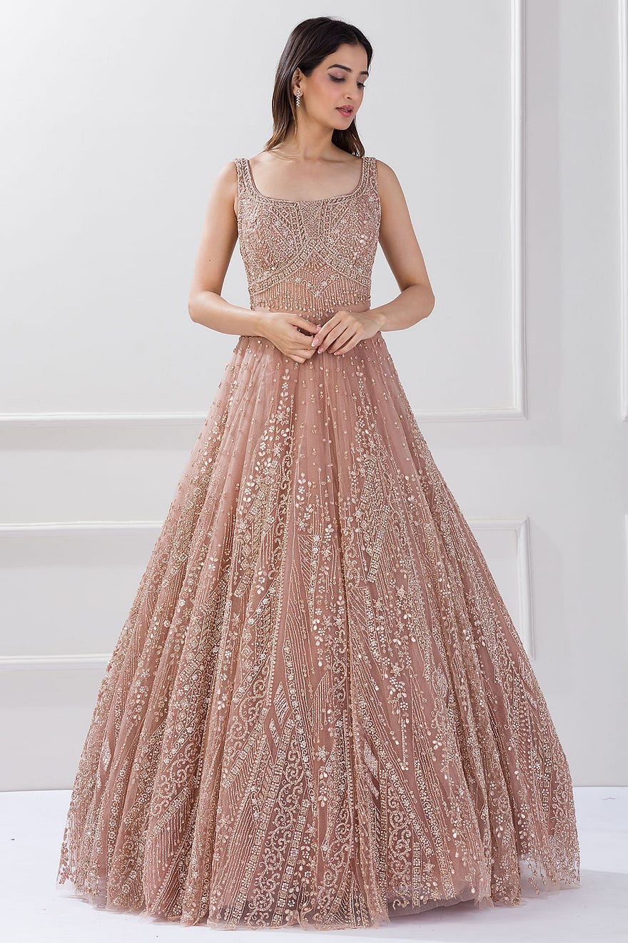 Pale Mauve Pink Sequins Embroidered Net Cocktail Gowns Online at Samyakk