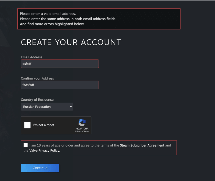 Steam sign up form