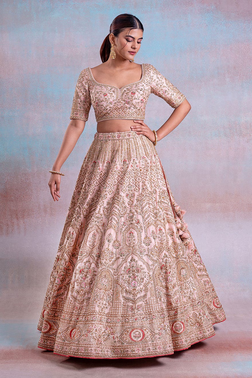 Pale Pink Sequins Embroidered Silk Exclusive Bridal Lehenga Online at Samyakk