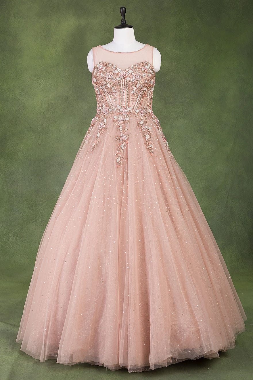 Light Pink Net Ball Gown with Sequins Work and Illusion Neck Online at Samyakk