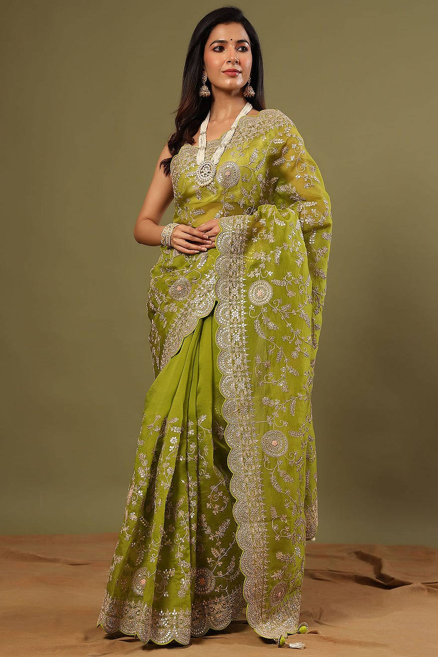 Mehendi Green Gota Embroidered Organza Saree Online at Samyakk