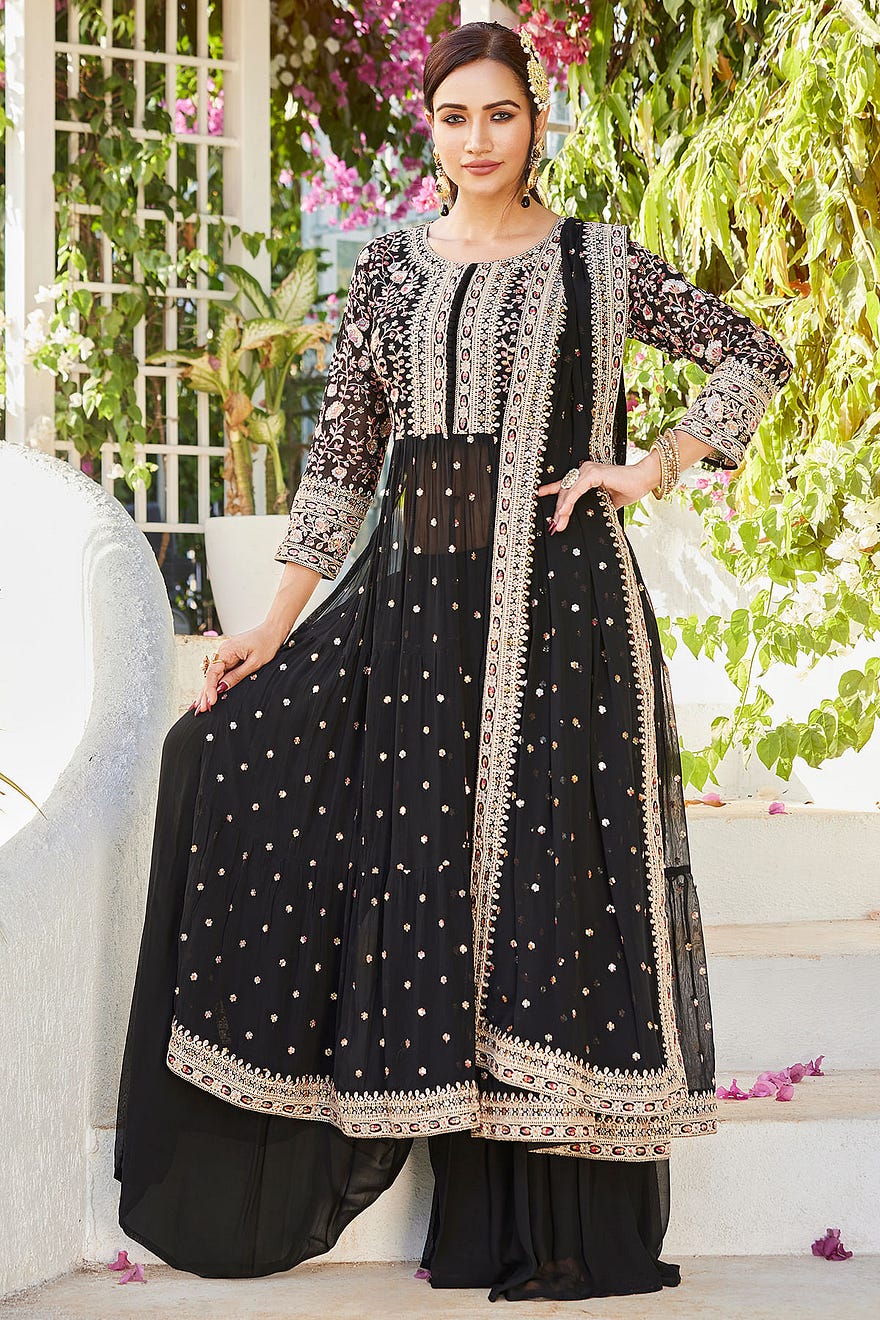 Black Resham Embroidered Georgette Palazzo Suit Online at Samyakk