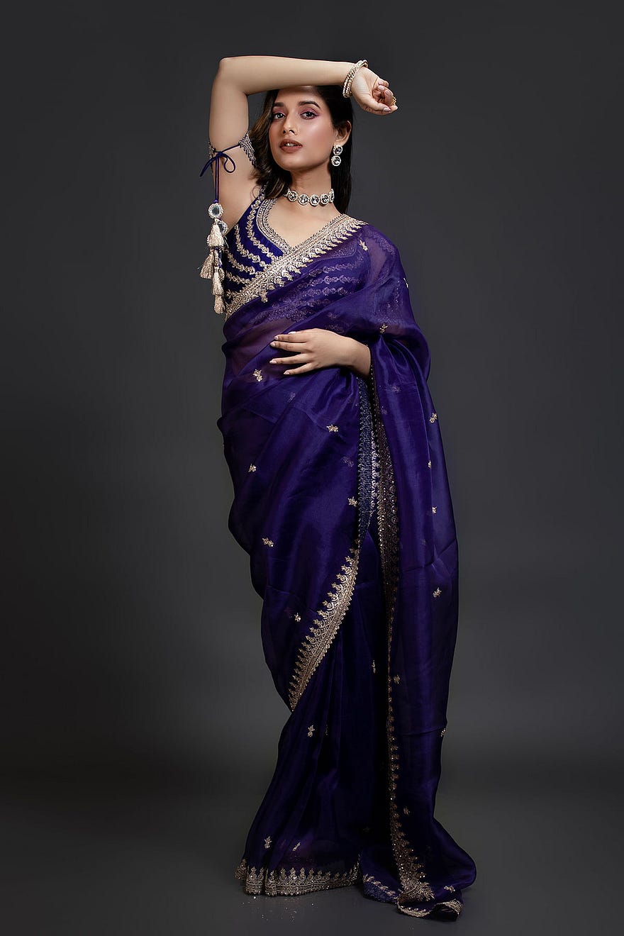 Purple Organza Designer Saree With Sequins Work And Readymade Blouse Online at Samyakk