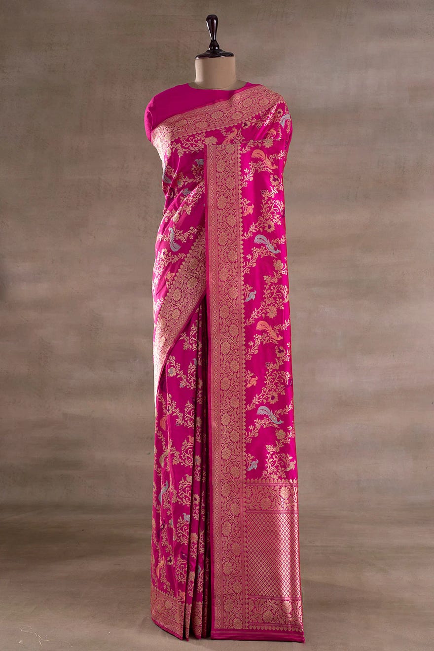 Pink and Red Dual Tone Zari Woven Banarasi Silk Saree With Unstitched Blouse Online at Samyakk