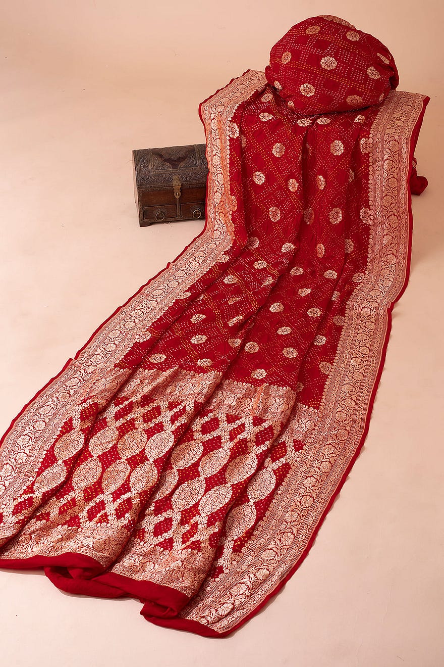 Crimson Red Bandhani Printed Georgette Saree With Unstitched Blouse Online at Samyakk