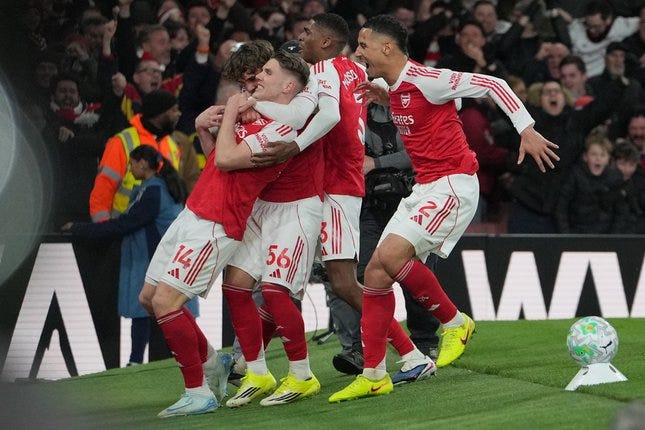 SBOxITUGOL — Selebrasi Viktor Gyokeres dkk. dalam laga Liga Inggris 2025/2026 antara Arsenal vs Everton, Minggu (15/3/2026). © AP Photo/Kin Cheung