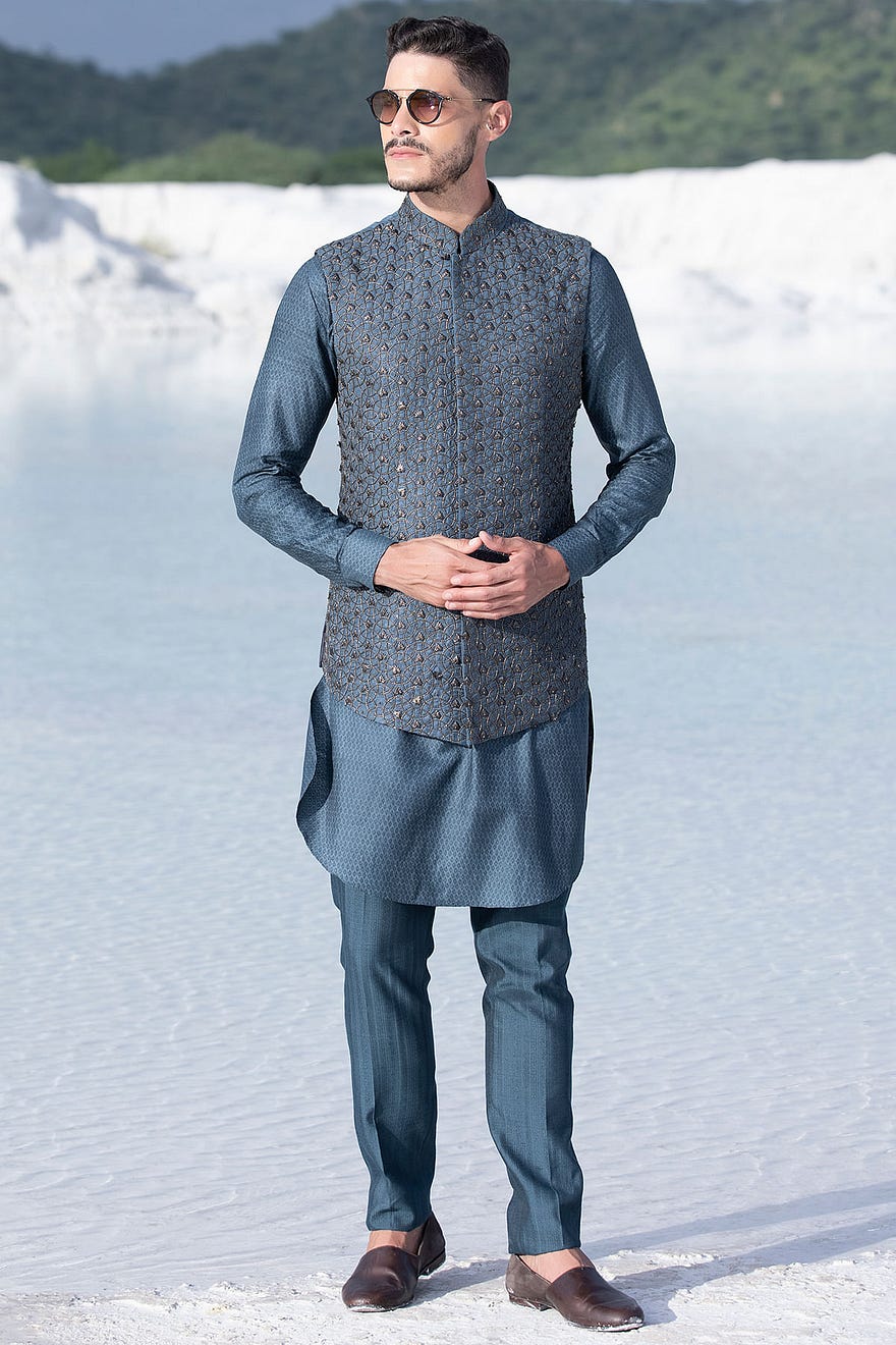 Blue-Grey Metal Embroidered Silk Waistcoat Kurtas Online at Samyakk