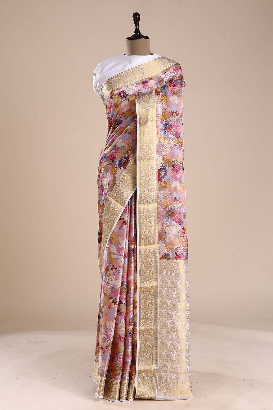 Multicolor Printed Mysore Silk Saree Online at Samyakk