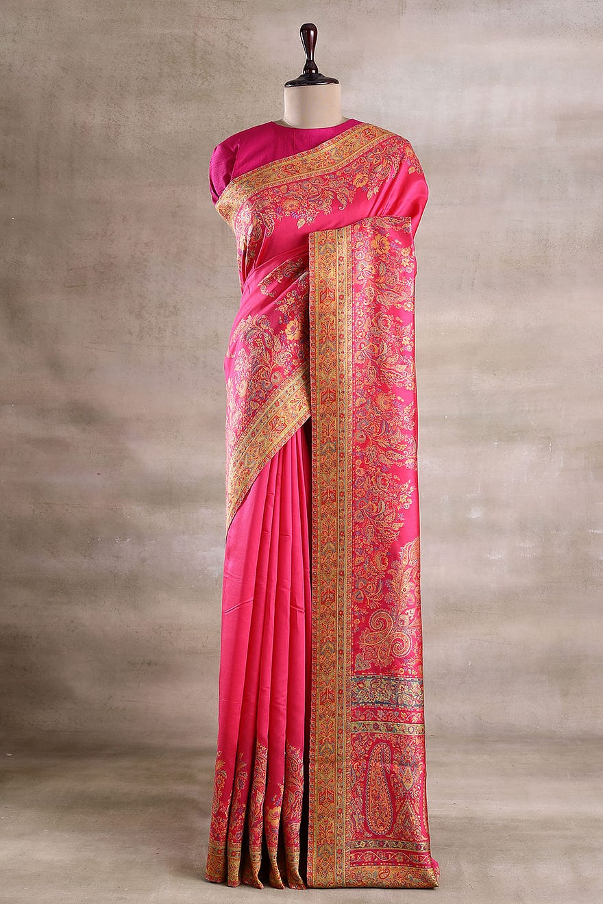 Magenta Pink Pashmina Silk Saree with Unstitched Blouse Online at Samyakk