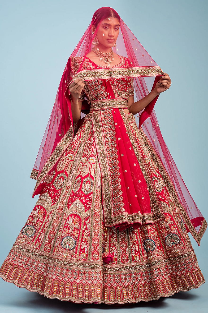 Crimson Red Sequins Embroidered Silk Bridal Lehenga With Double Dupatta Online at Samyakk