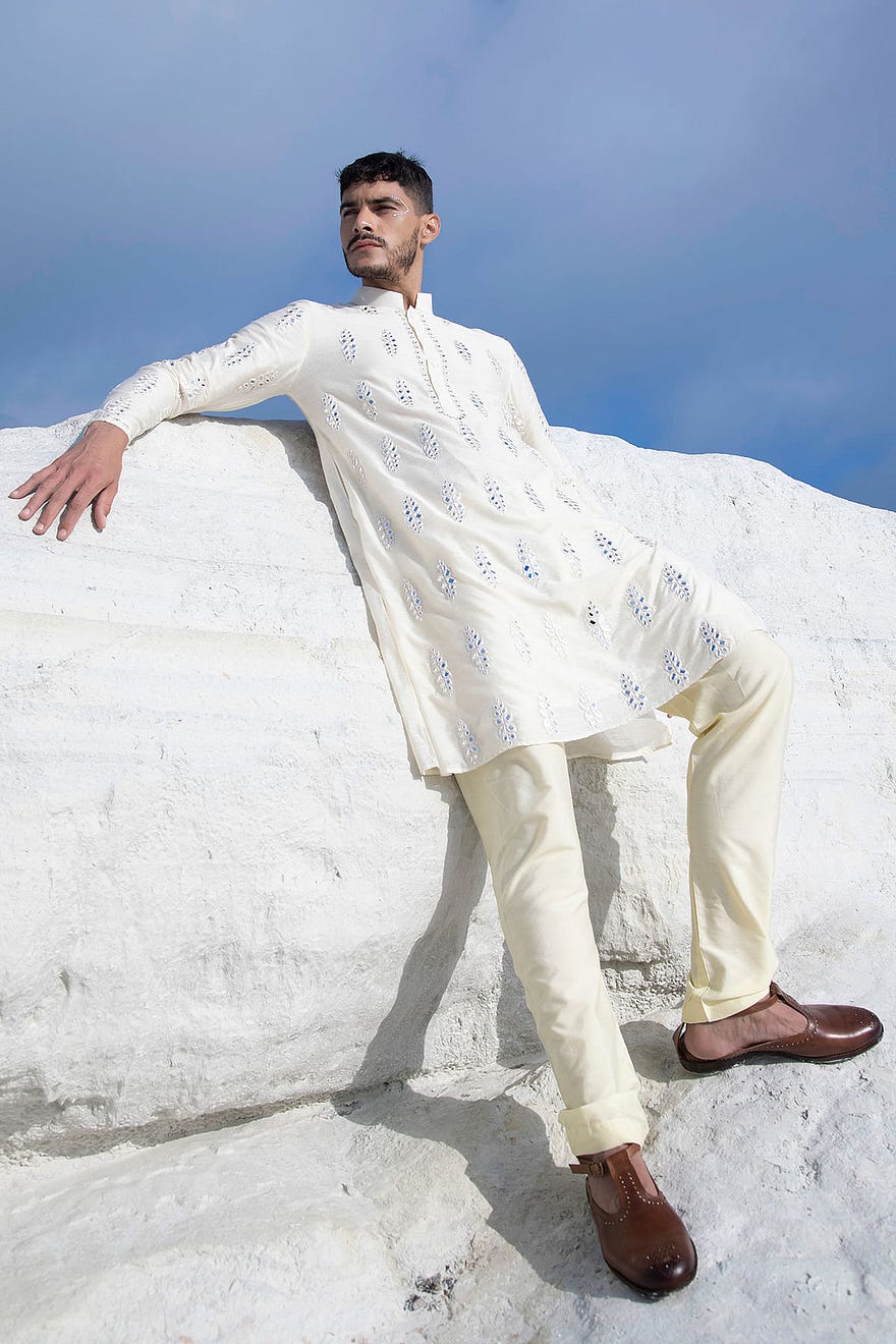 Pale Yellow Mirror Embroidered Silk Kurta Online at Samyakk