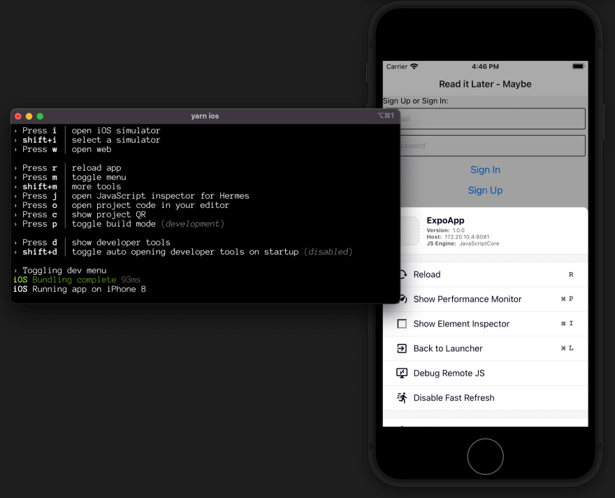 Terminal showing debug menu. At the back, there’s an iOS simulator, showing the Expo debug menu after pressing `m`