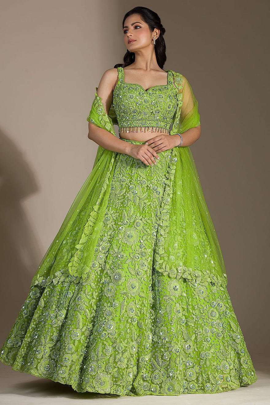 Greenry Sequins Embroidered Net Designer Lehenga Online at Samyakk