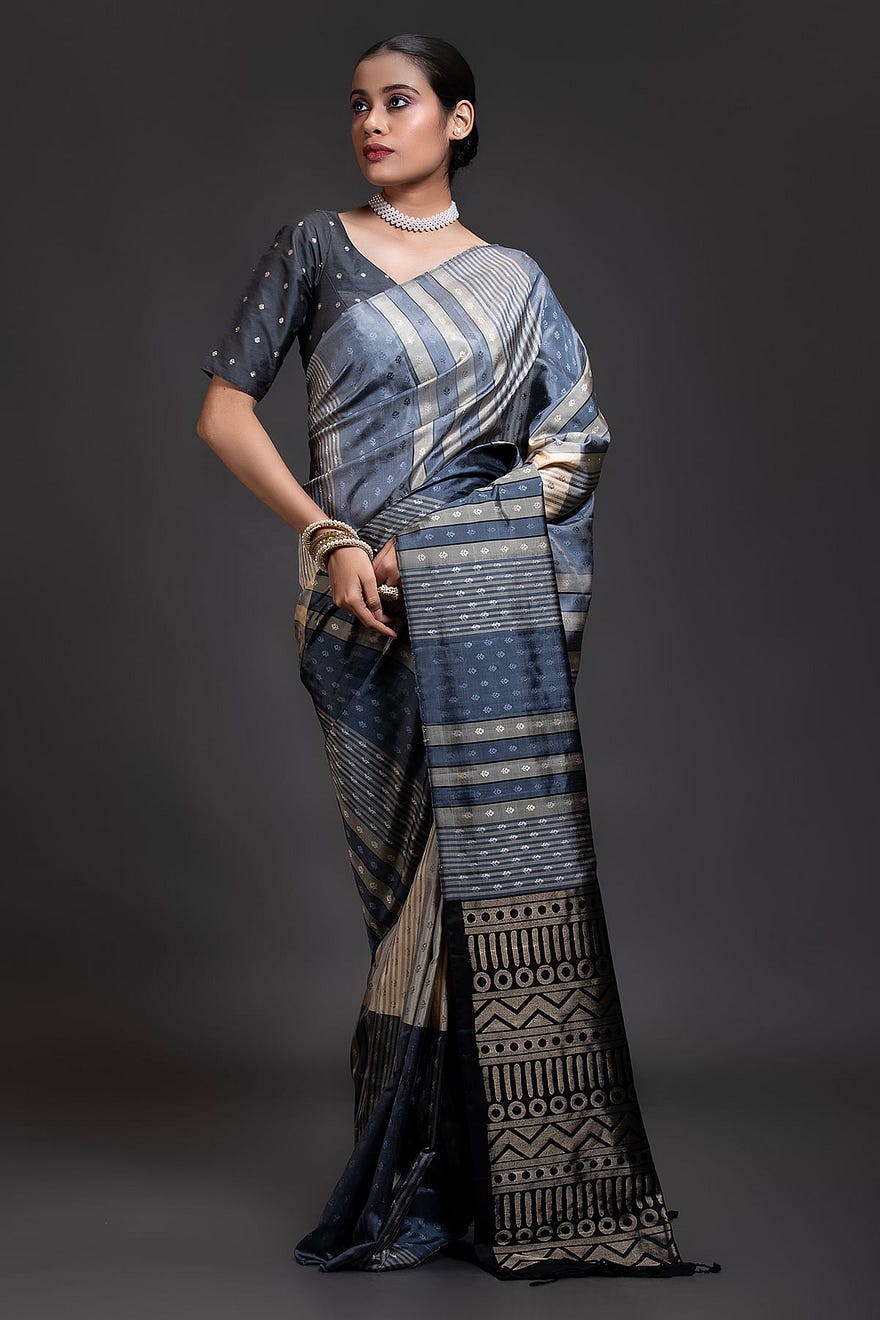 Grey & Cream Zari Woven Silk Saree With Unstitched Blouse Online at Samyakk